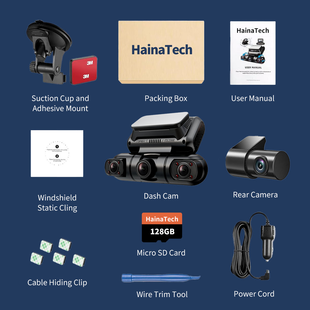 Hainatech 360 Degree View 4 Channel Dash Cam Front and Rear inside Left Right, Dash Camera for Cars, Built-In GPS Wifi Night Vision, 24 7 Recording Parking Mode Monitor, Free 128G Card