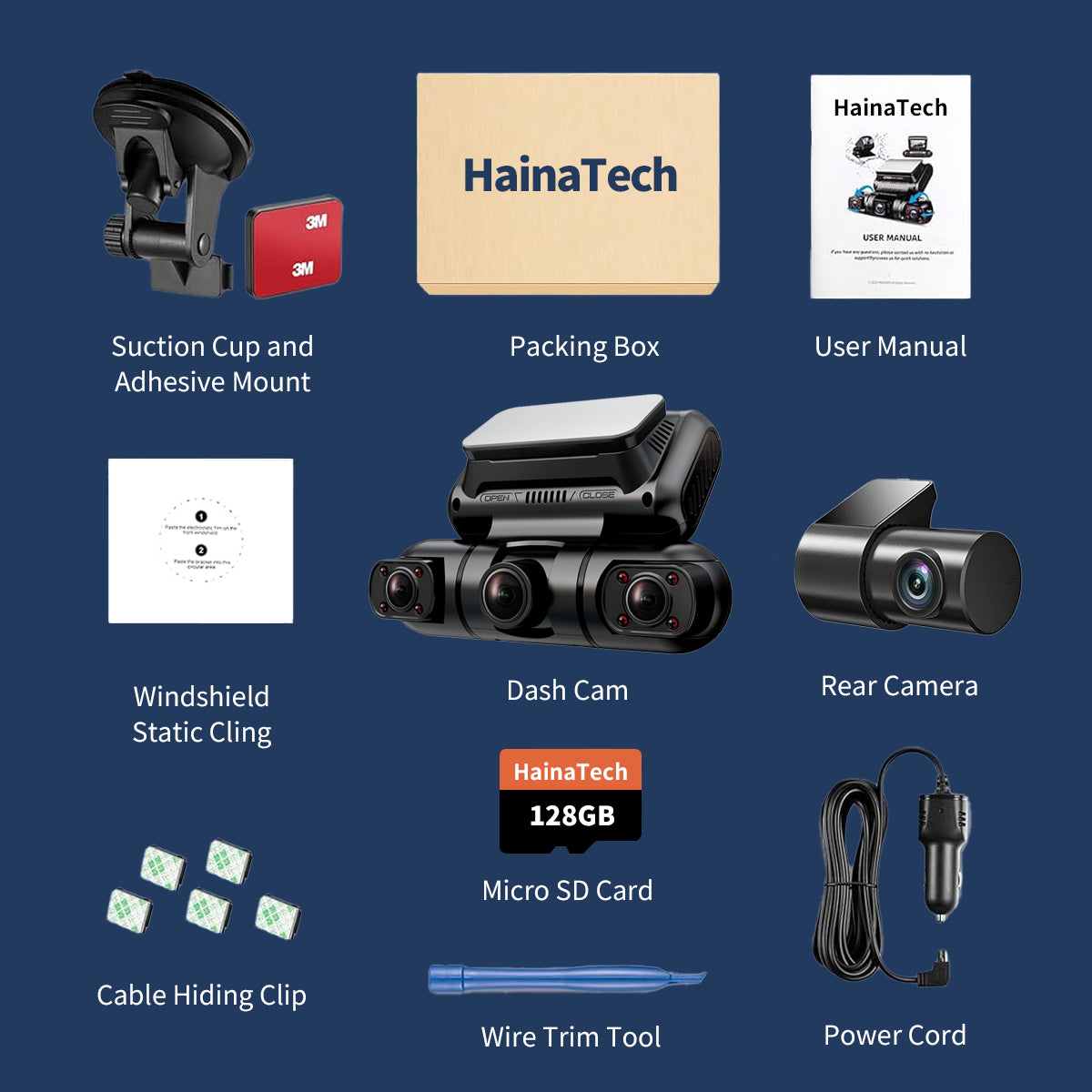 Hainatech 360 Degree View 4 Channel Dash Cam Front and Rear inside Left Right, Dash Camera for Cars, Built-In GPS Wifi Night Vision, 24 7 Recording Parking Mode Monitor, Free 128G Card