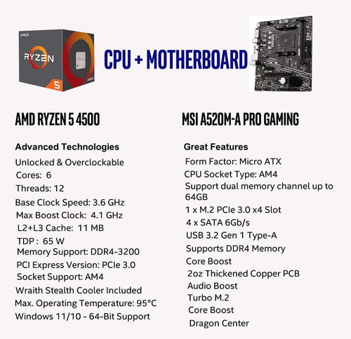 AMD Ryzen 5 4500 Unlocked Desktop Processor with MSI A520M-A PRO Gaming Motherboard (AMD AM4, DDR4, Pcie 4.0, Micro-Atx),