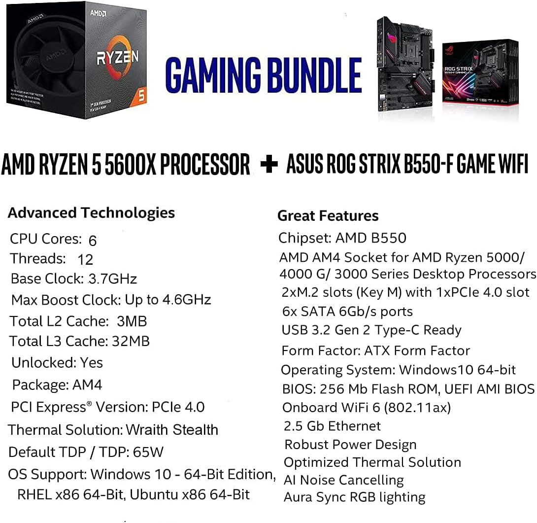AMD Ryzen 5 5600X 6-Core Desktop Processor Bundle with ASUS ROG Strix B550-F Gaming Motherboard and Wraith Stealth Cooler, Up to 4.6GHz, PCIe 4.0, 2.5Gb LAN