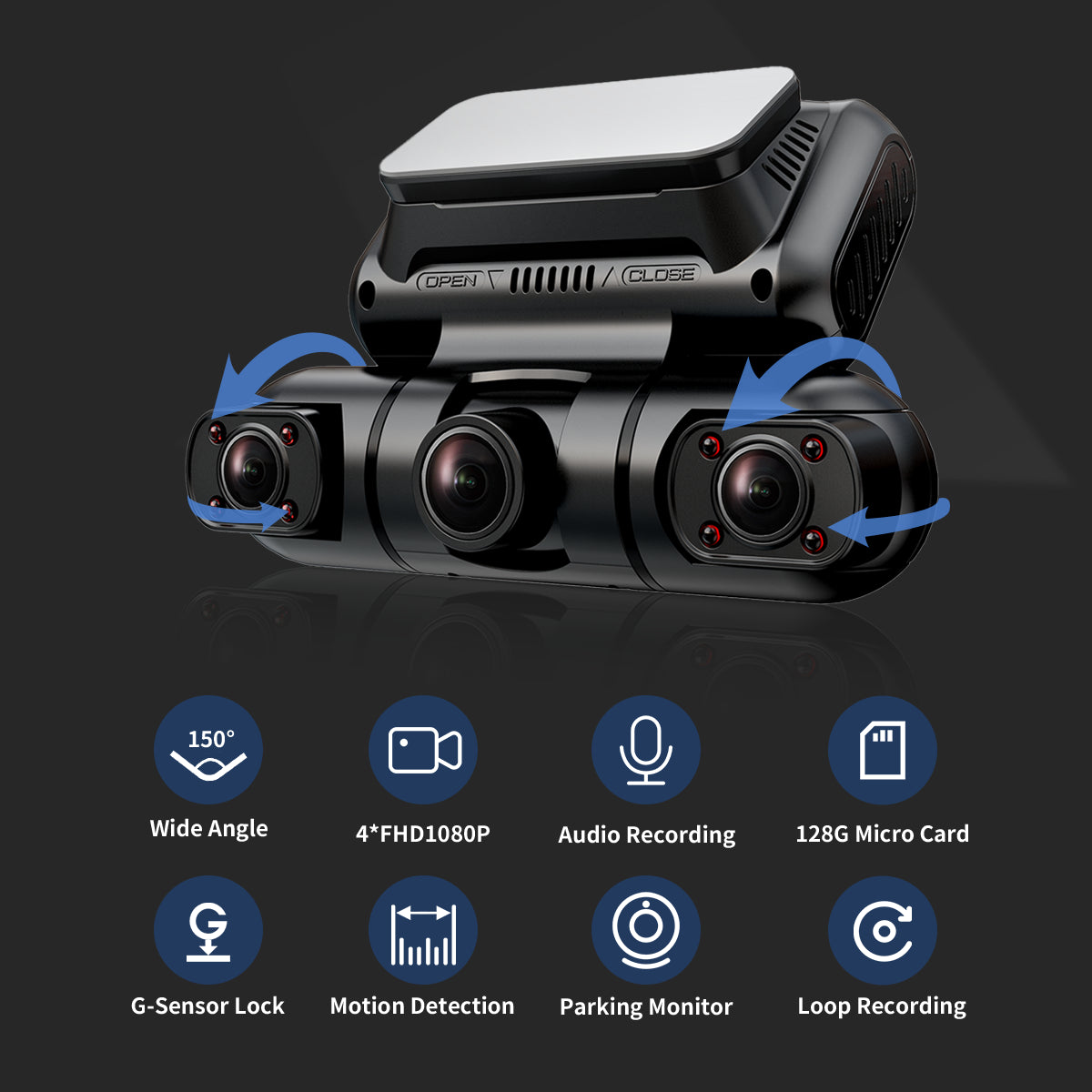 Hainatech 360 Degree View 4 Channel Dash Cam Front and Rear inside Left Right, Dash Camera for Cars, Built-In GPS Wifi Night Vision, 24 7 Recording Parking Mode Monitor, Free 128G Card