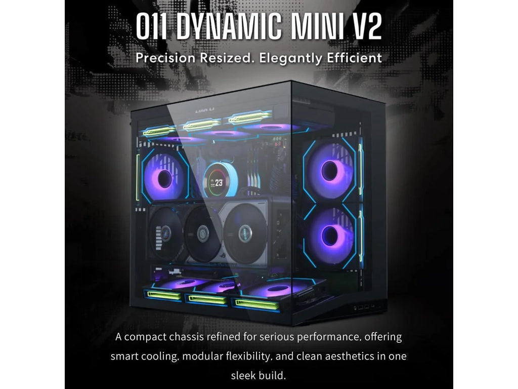 LIAN LI O11D MINI V2 Flow | Compact ATX Mid-Tower Airflow Computer Case | Panoramic View | High-Performance Airflow | Includes 5 X 120Mm Reverse Blade Fans | Cable Management | Black (O11DMIV2FX)