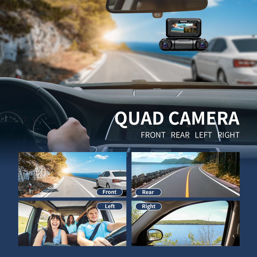 Hainatech 360 Degree View 4 Channel Dash Cam Front and Rear inside Left Right, Dash Camera for Cars, Built-In GPS Wifi Night Vision, 24 7 Recording Parking Mode Monitor, Free 128G Card